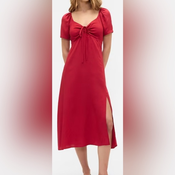 GAP Dresses & Skirts - Gap Red Puff Sleeve Midi Dress with Front Tie & Side Slit: Size M